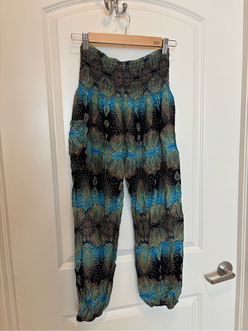 Smocked Waist Paisley Harem Joggers in Blue and Black